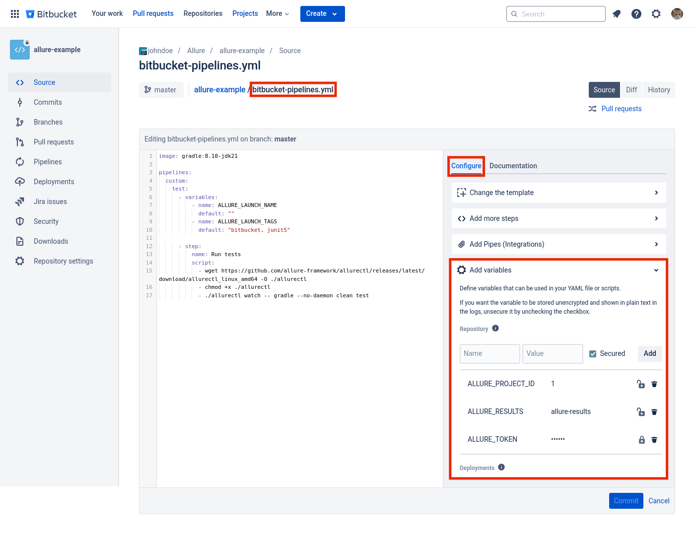 Переменные могут быть установлены на уровне проекта Bitbucket.