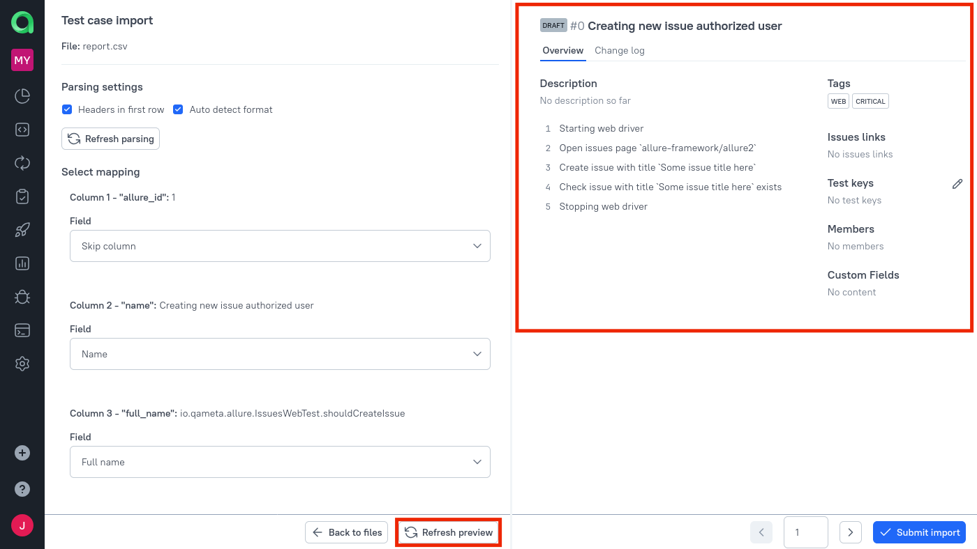 Предварительный просмотр импортированного тест-кейса можно увидеть в правой части страницы.
