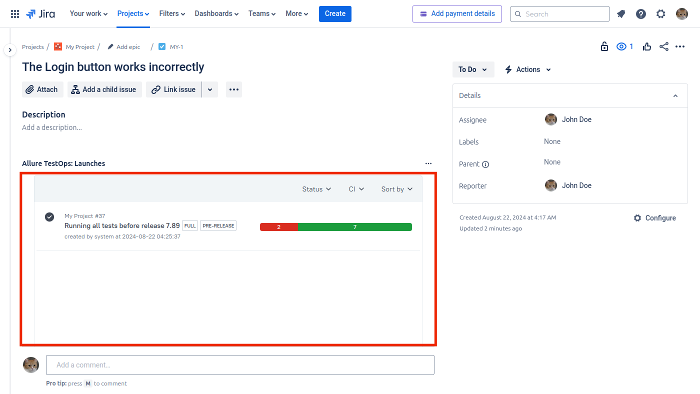 Блок про ТестОпс находится на странице задачи в Jira.