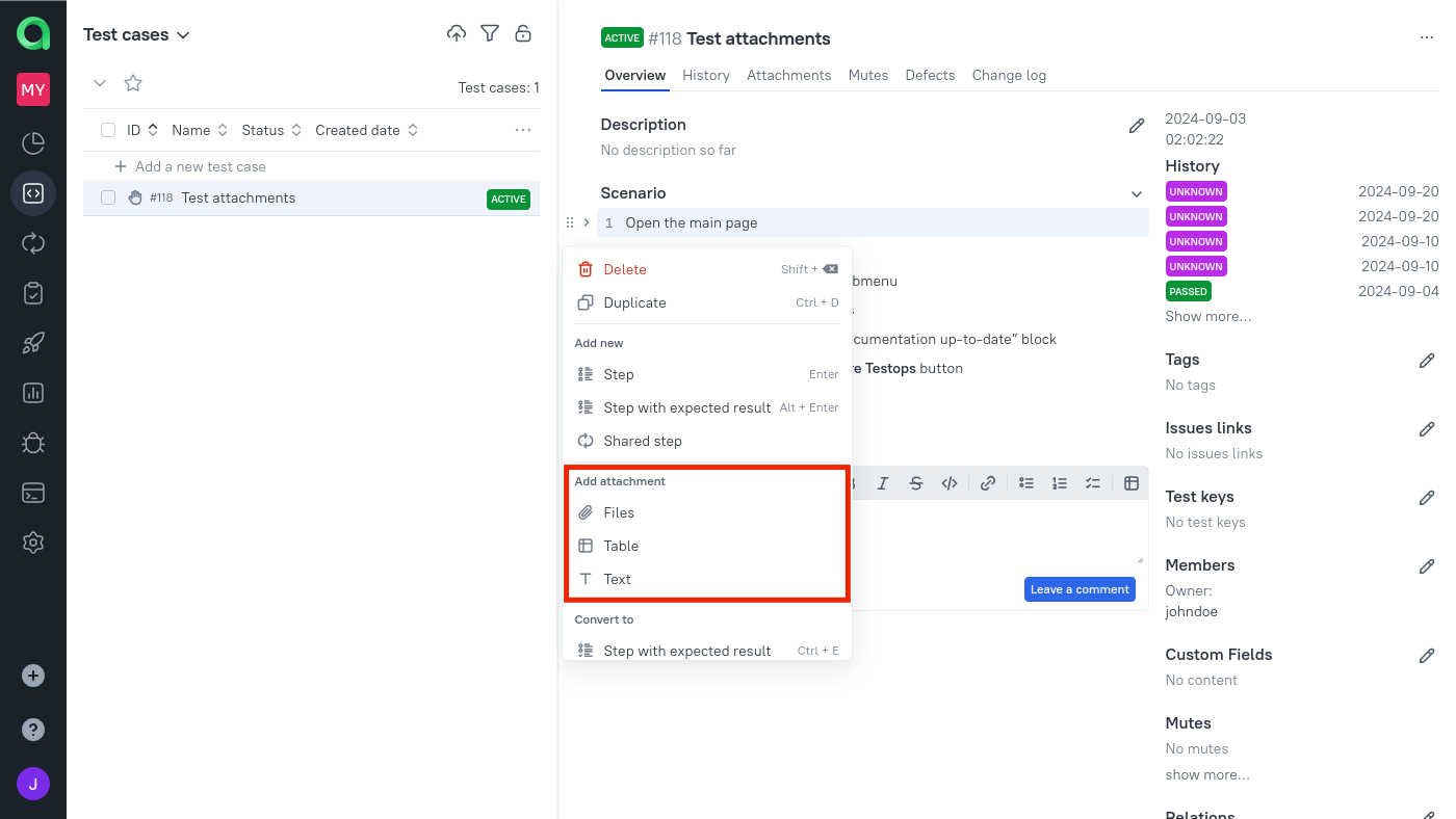 В меню действий шага доступно три способа добавить вложения к тест-кейсу.