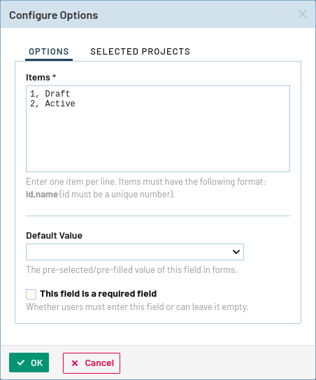 Диалоговое окно &quot;Configure Options&quot; позволяет ввести несколько статусов с их ID.