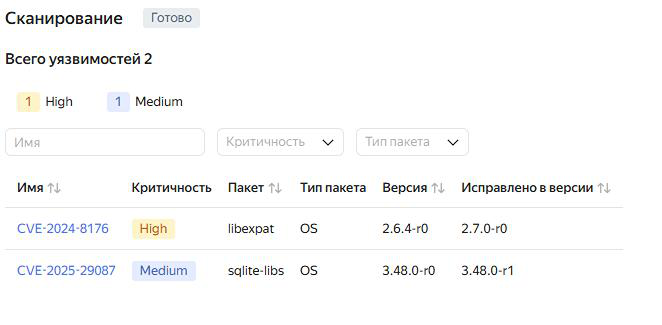 Скриншот панели «Сканирование» с двумя CVE‑записями — CVE‑2024‑8176 (High) и CVE‑2025‑29087 (Medium). Видно критичность, пакет libexpat и sqlite‑libs, текущую и исправленную версии.